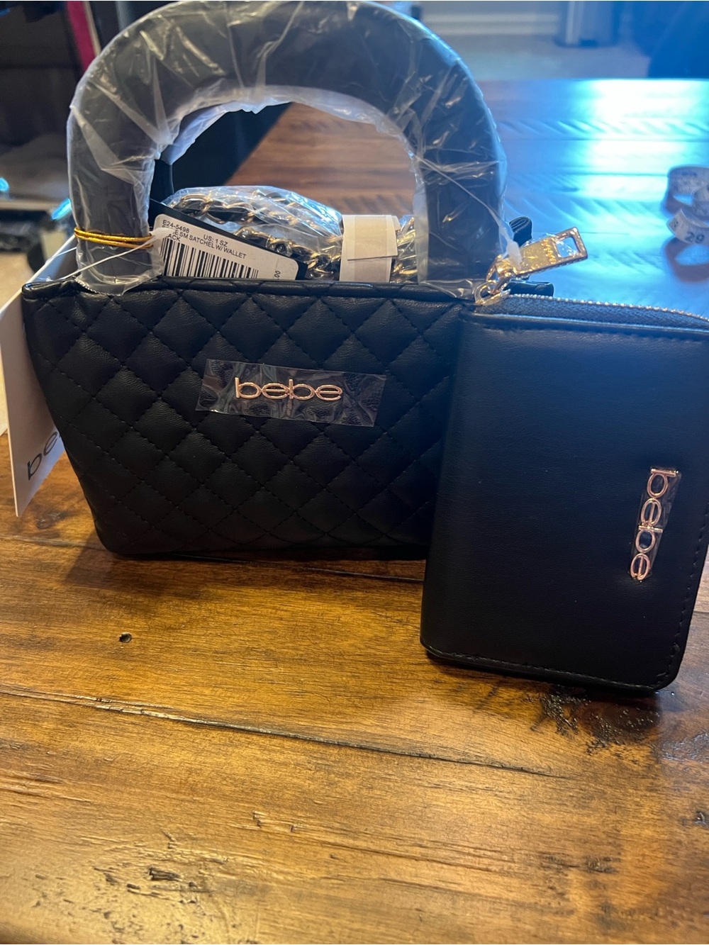 bebe Sofie Quilted Black Mini Satchel with Matching Black Zip Wallet